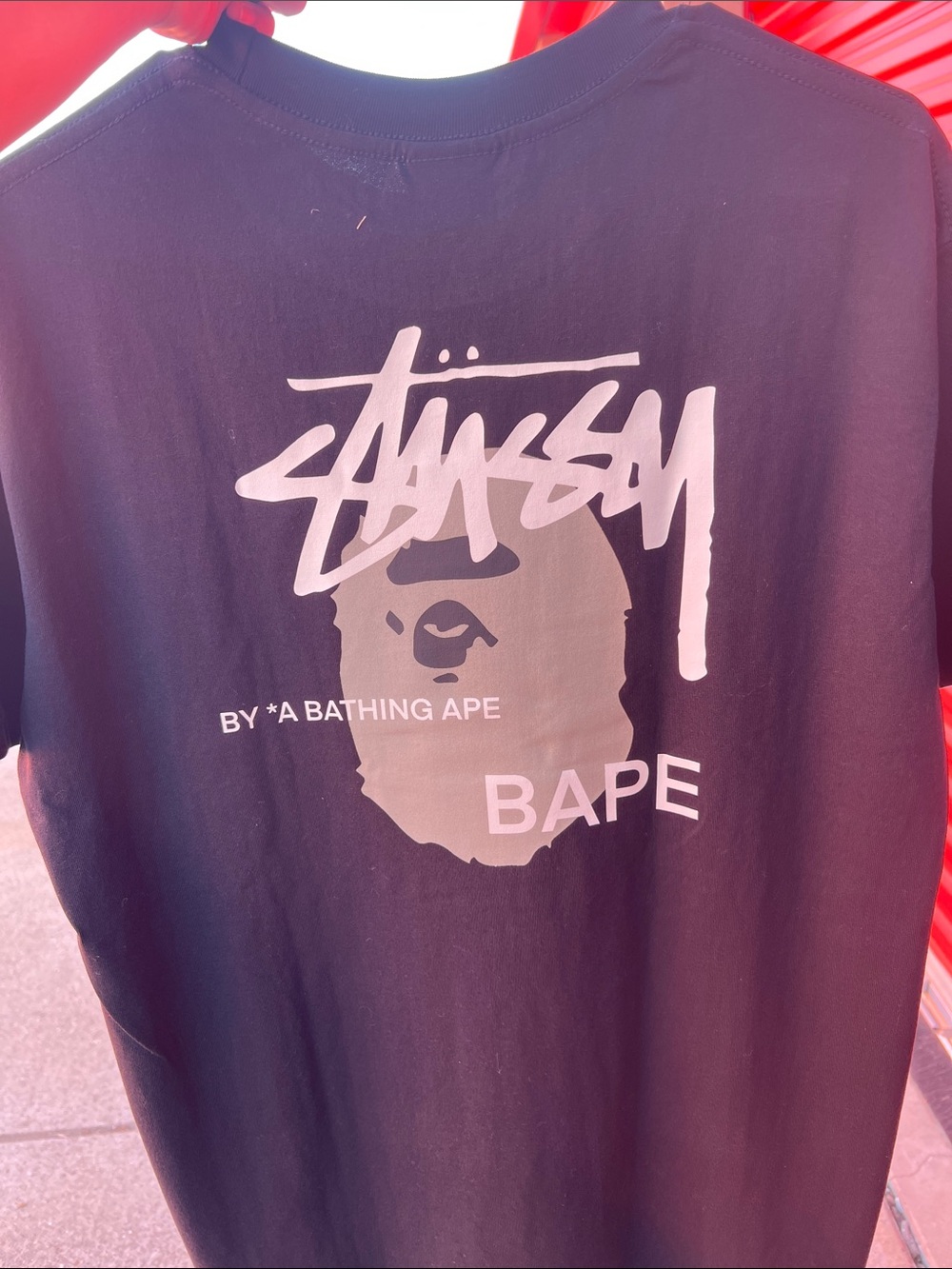 Bape Black Tee with White Stüssy Script and Ape Graphic